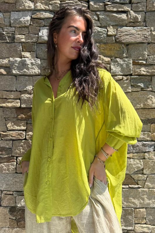 Shayle Indian Cotton Boyfriend Beach Shirt Olive